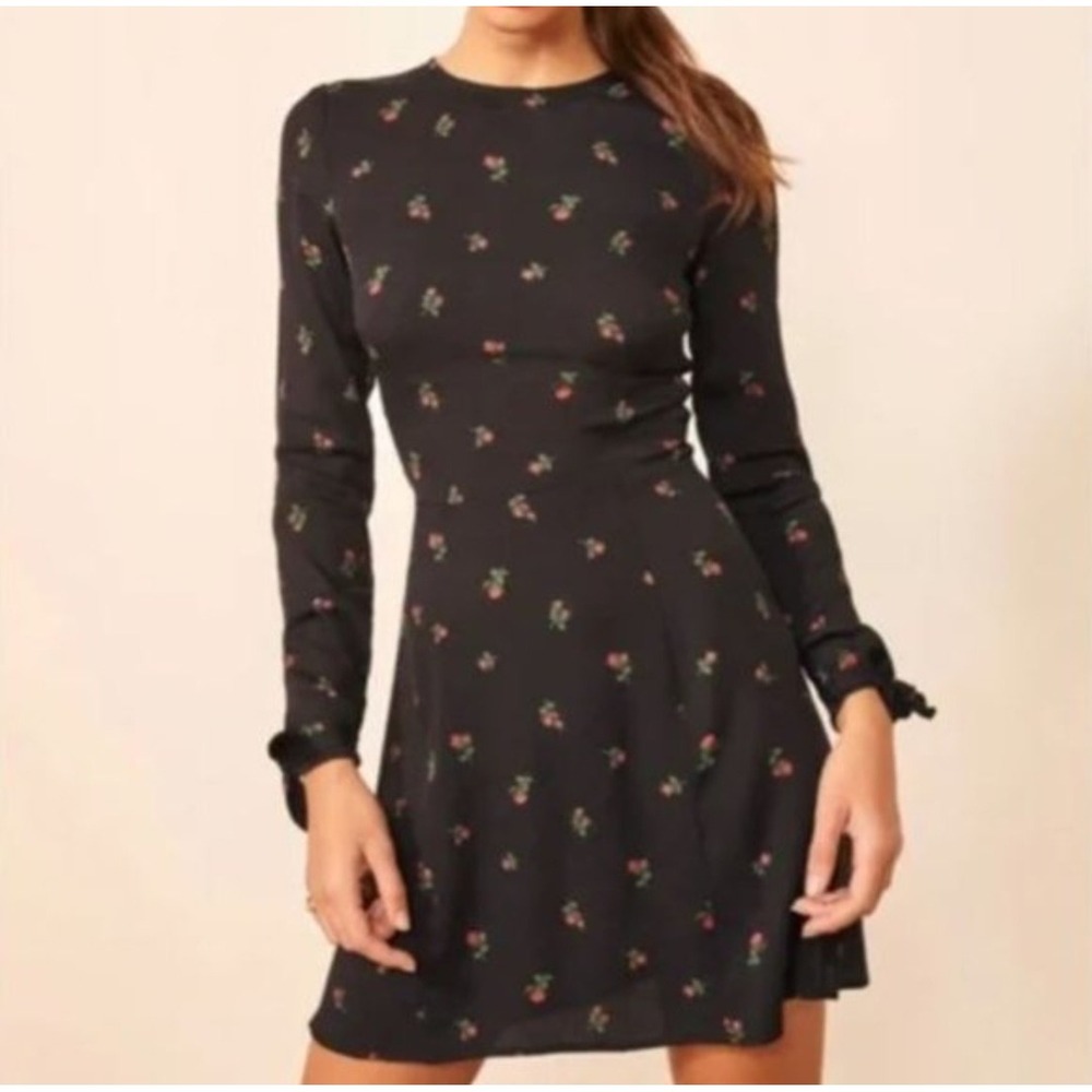 Reformation Black Rose Floral Long Sleeve Mini Dress Tie Cuff Fit Flare Size 2